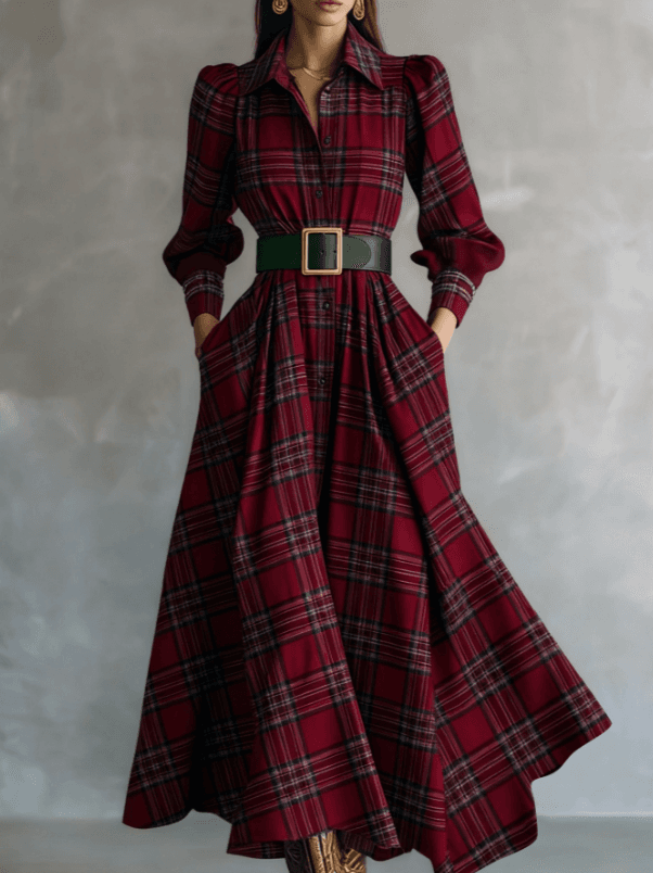 Plaid Shirt Collar Fitted Waist Casual Long Sleeve Dress