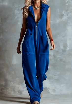 Hooded Sleeveless Zipper Loose Wide-leg Jumpsuit