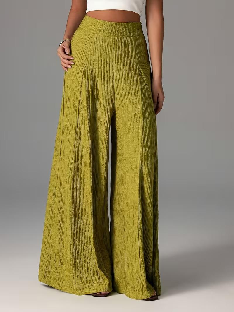 Elastic-waist Loose Solid-color Trousers High-waisted Wide-leg Pants