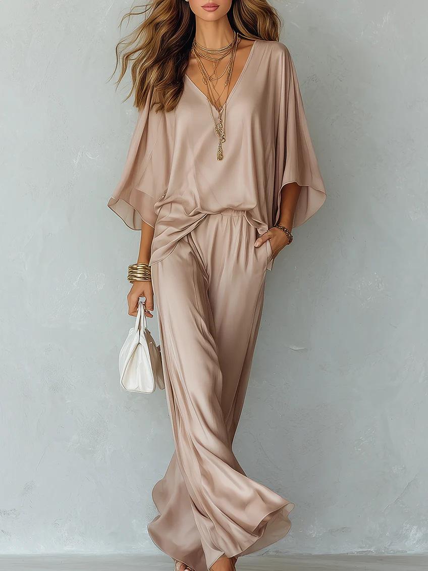 Solid-color Casual Batwing-sleeve Set With Wide-leg Pants