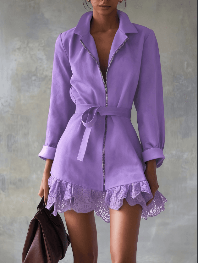 French Style Lapel Waist-Cinched Lace Patchwork Mini Dress
