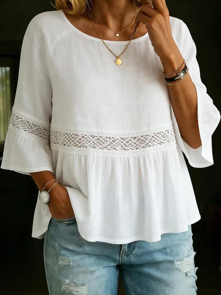 Loose Cotton And Linen Lace-Patched Crew-Neck Womens Top