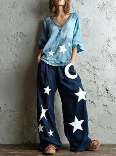 Bohemian-style Loose Top With Star And Moon Print - Wide-leg Pants Two-piece Set