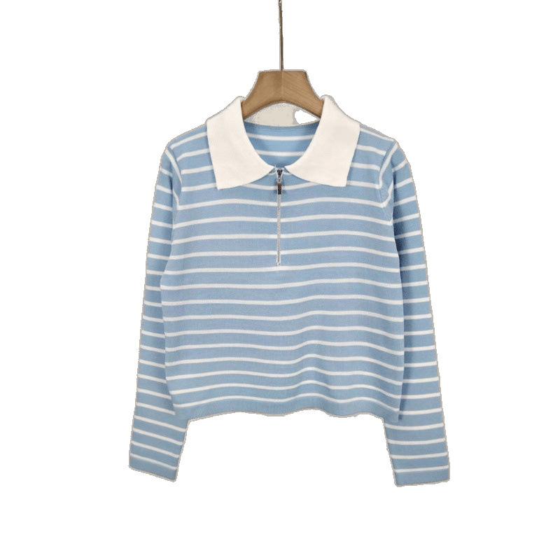 Spring Knitted Loose Contrast Color Striped Collar Long-sleeved Sweater For Women