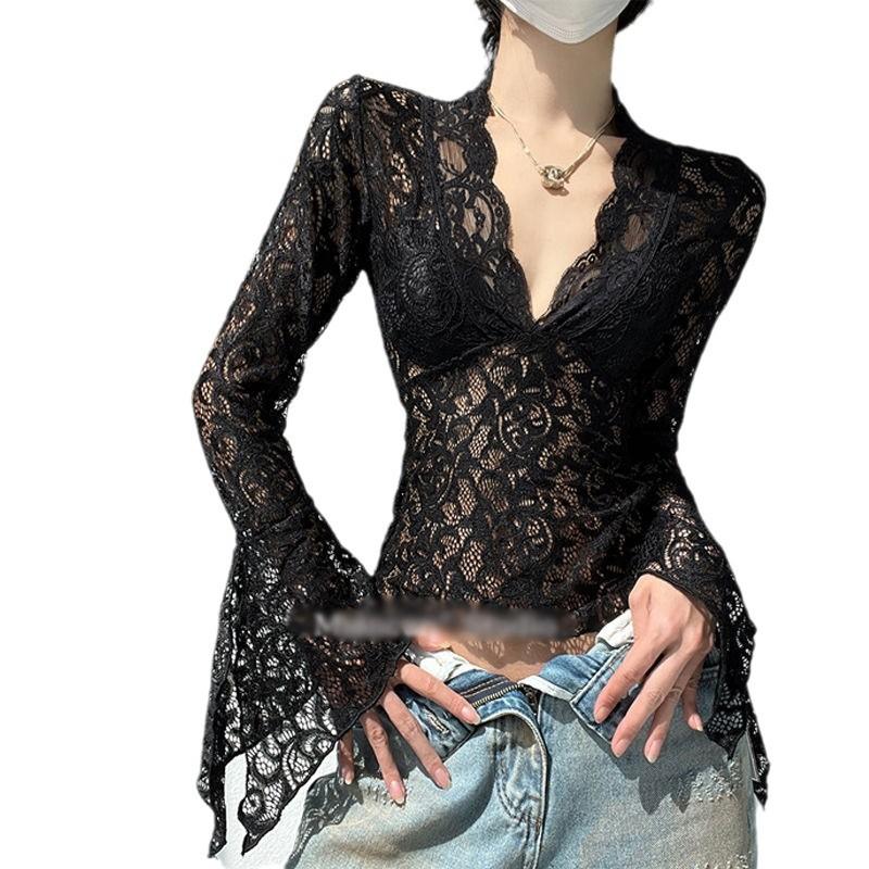 Womens Retro Lace Sheer Patchwork Long-Sleeve T-Shirt