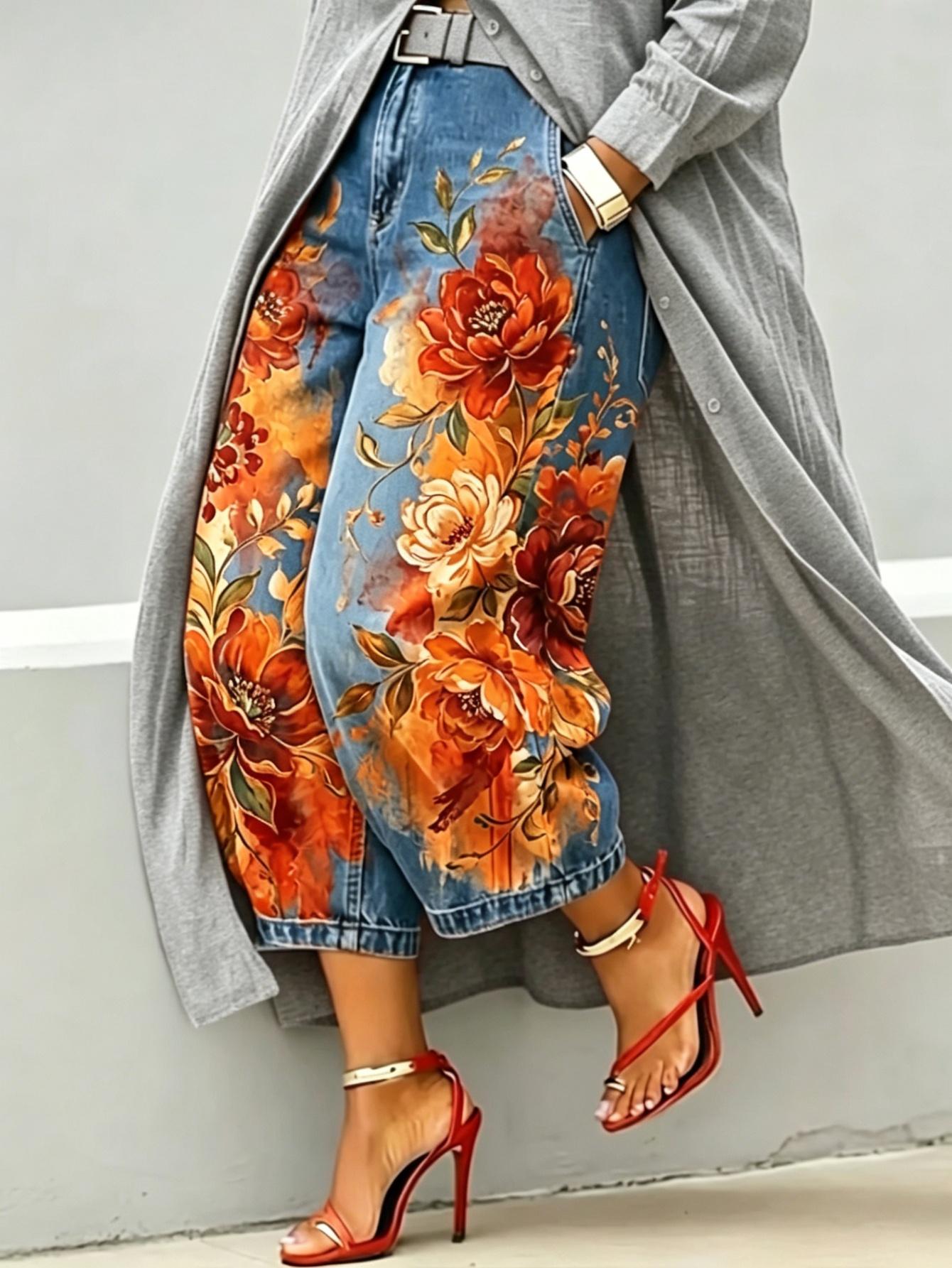 Mid-rise Wide-leg Denim Capri Pants