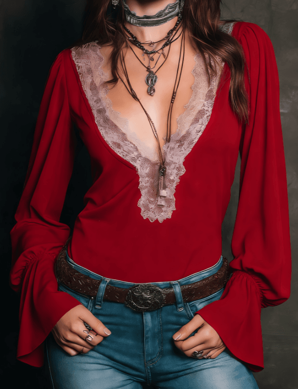 Lace V-neck Bell Sleeve Slim-fit Long-sleeved Top