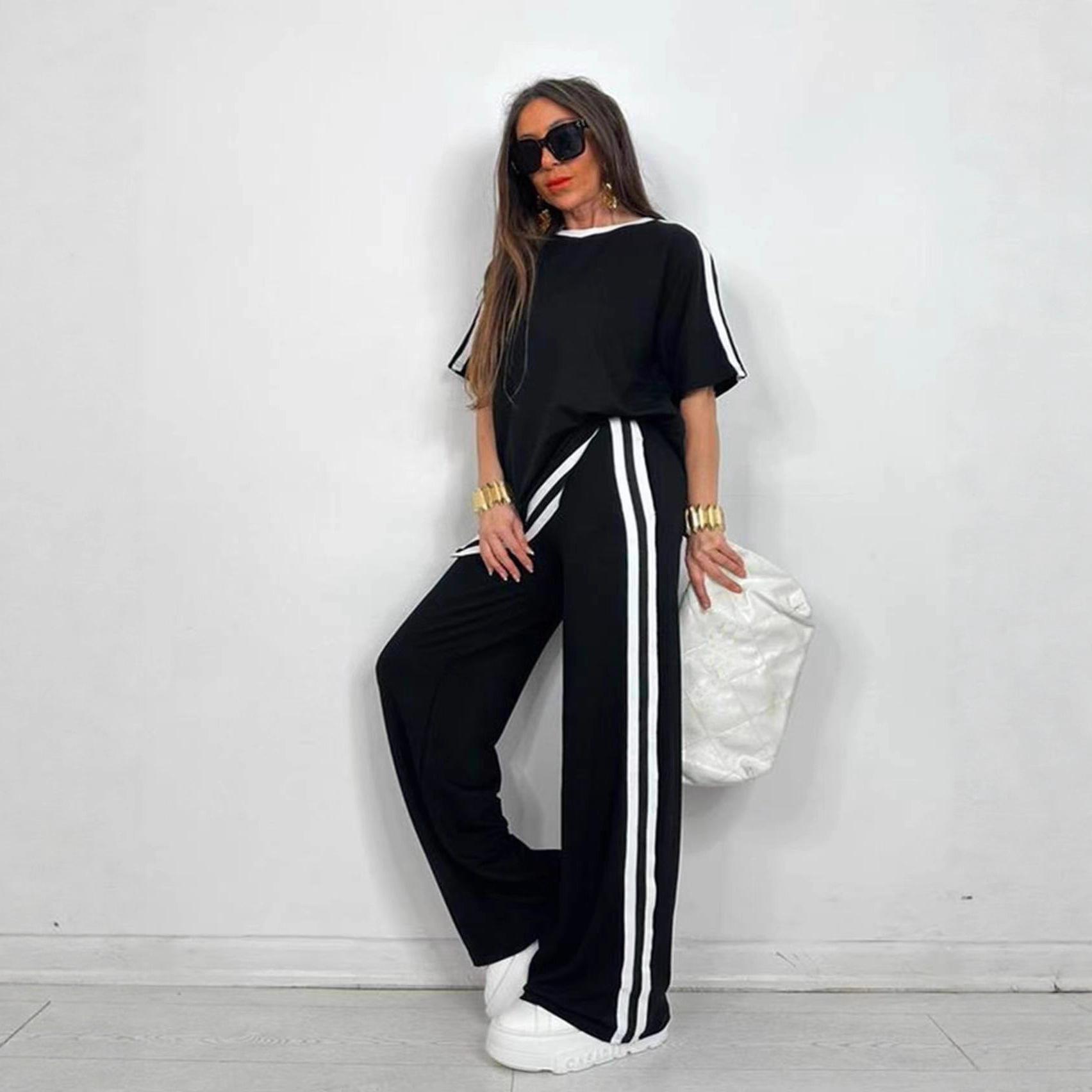Fashionable Casual Striped Pants And Short-Sleeve Crew-Neck Set