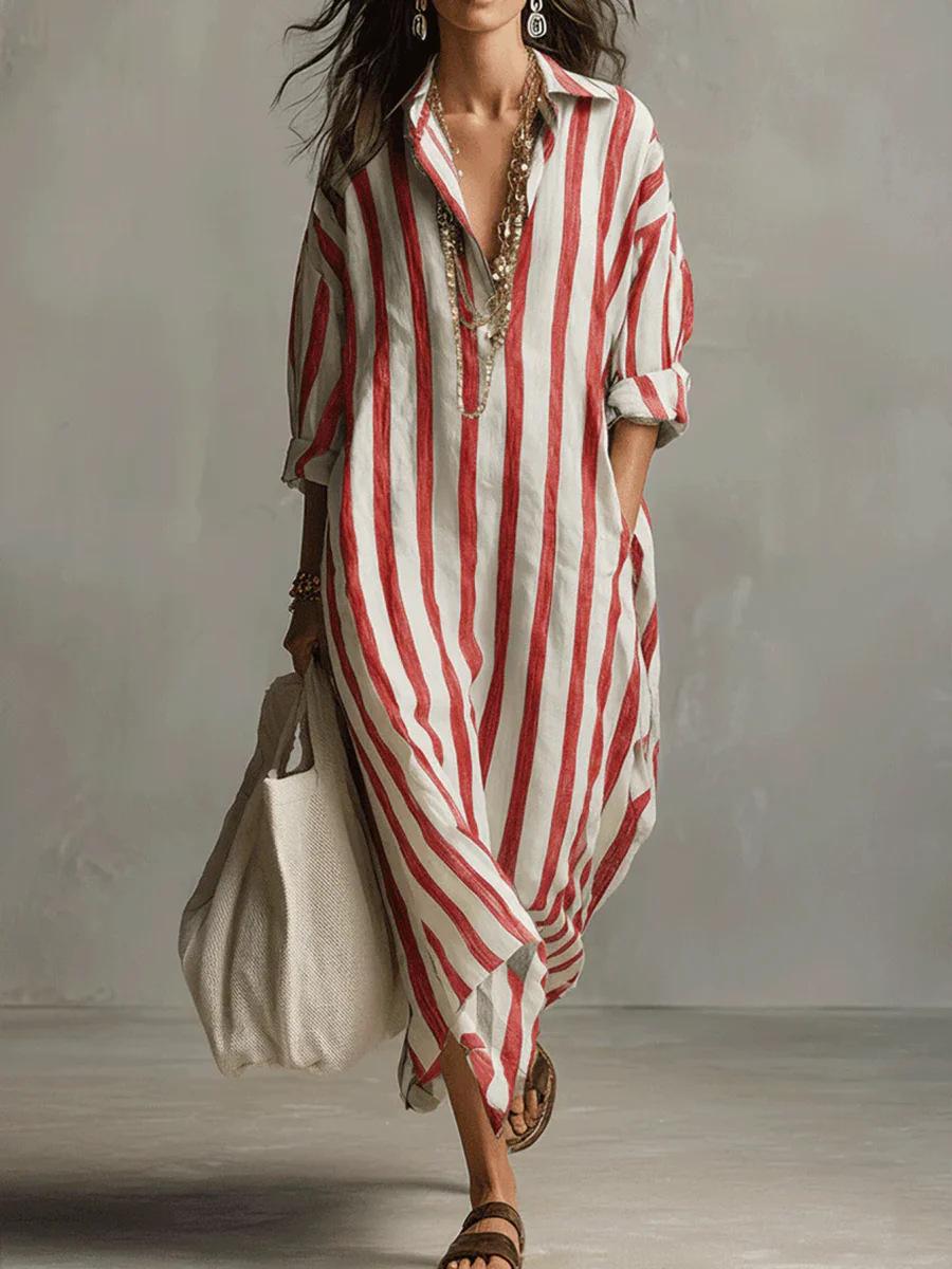 Stylish Loose V-neck Long Striped Sleeve Shirt Dress For Women Summer