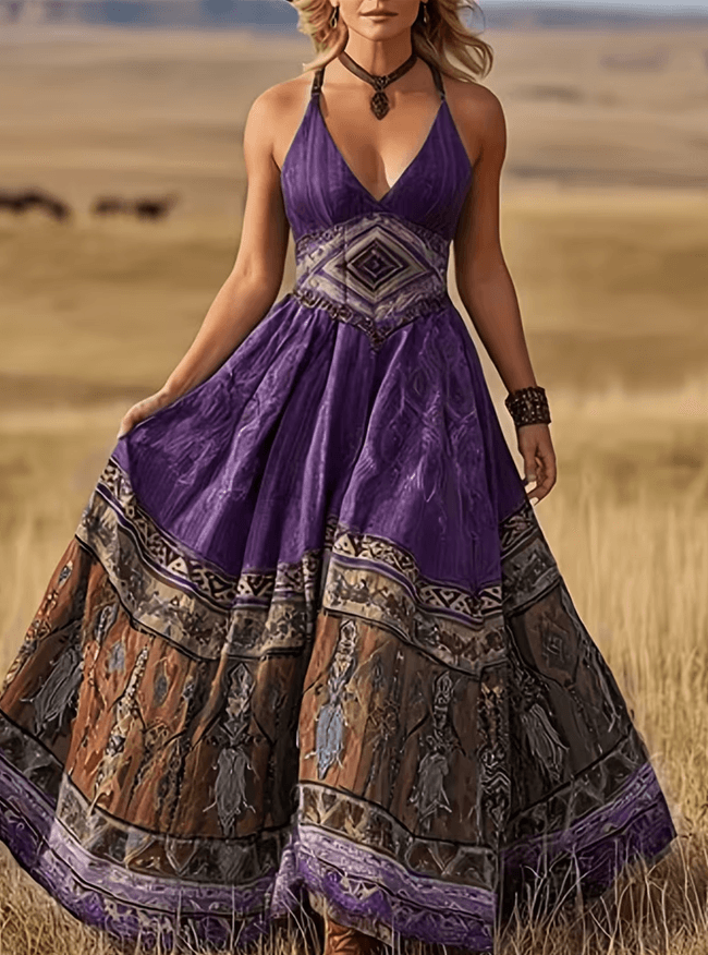 Deep V-neck Fitted Waist Full Skirt Sleeveless Long Vacation Dress For Women