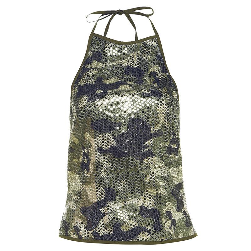 Women's Sexy Hot Girl Camouflage Printed Sequins Halter Backless Outer Vest