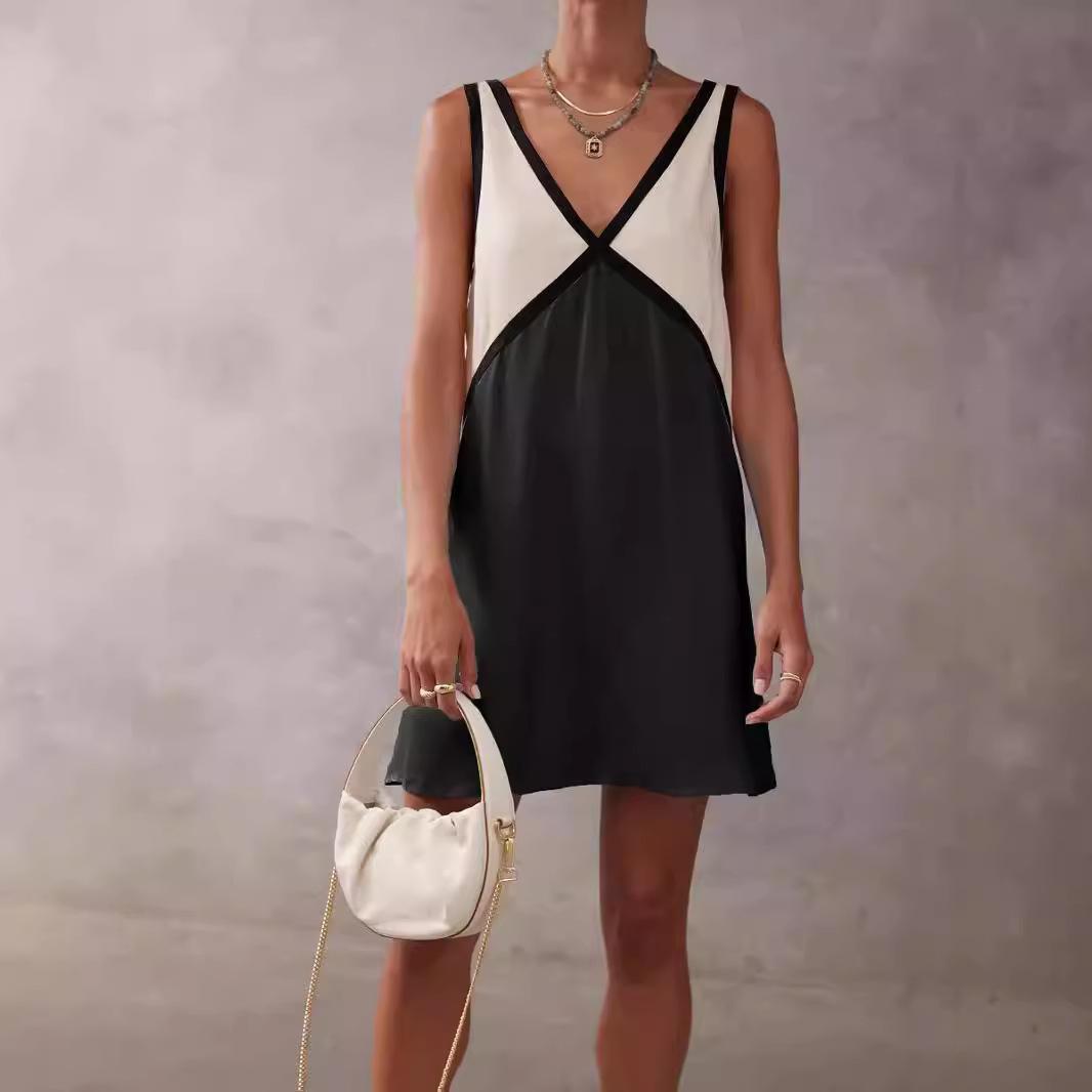 Women's V-neck Loose-fitting Sleeveless Shirt Color-matching Dress
