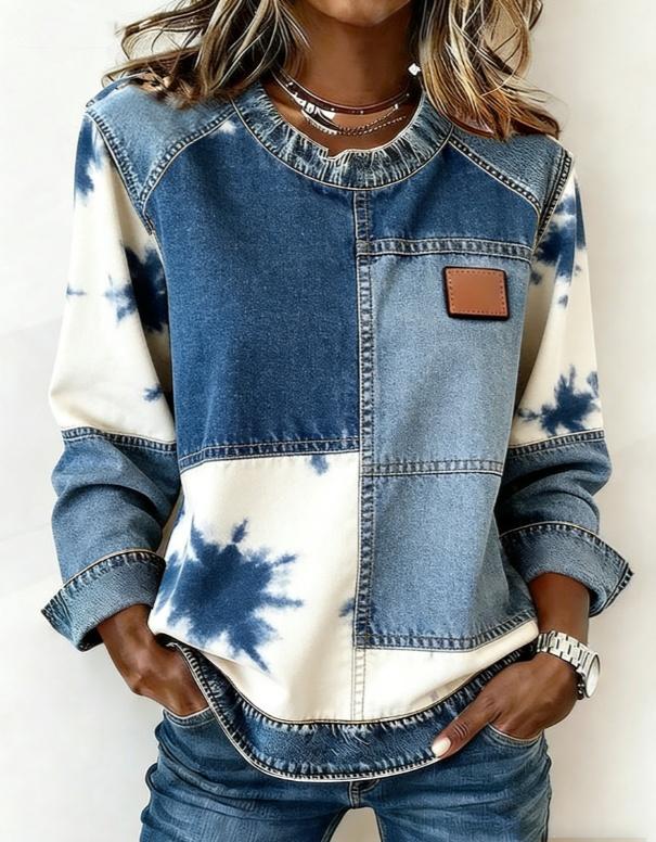 Casual Round Neck Color-blocked Printed Long-sleeved Loose Top