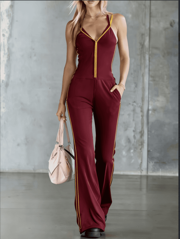 2026 New Contrasting Color Hanging Neck V-neck One-piece Bell Bottom Pants Set