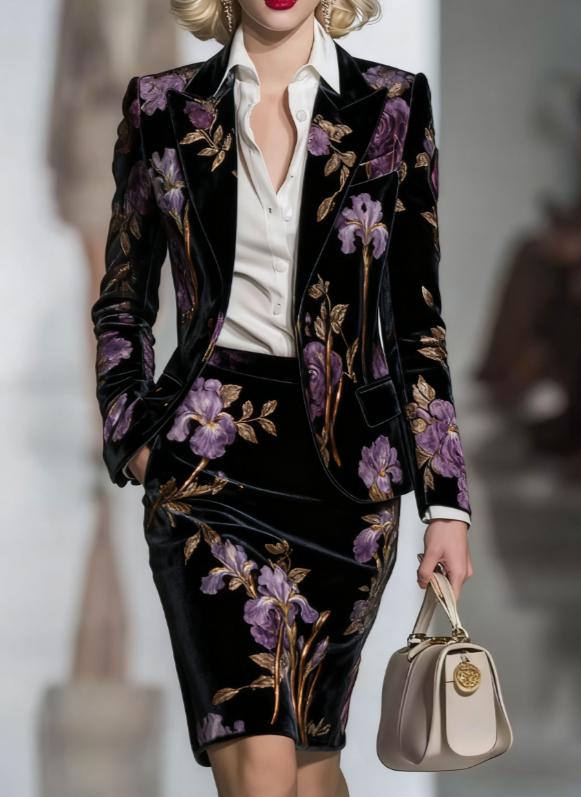 Elegant Velvet Printed Suit And Pencil Skirt Set