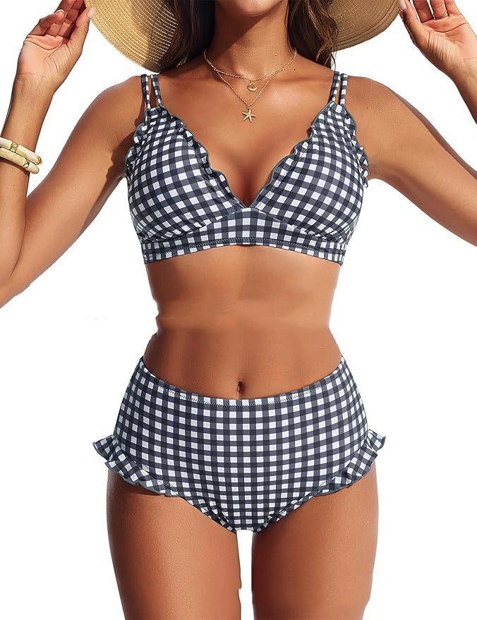 AliExpress European And American Amazon Split Striped Hollowed-Out Drawstring High-Waist Bikini Set Womens Swimsuit