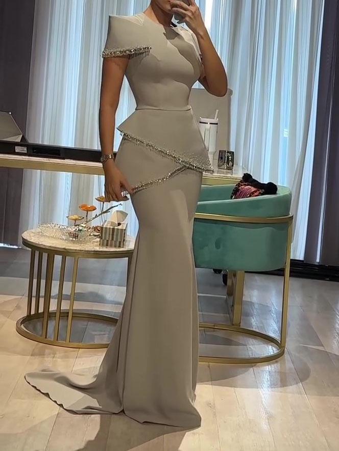 Light Grey Beaded Trim Short Sleeve Top & Mermaid Maxi Skirt Set
