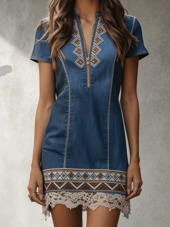 Printed Denim V-neck Short-sleeved Dress