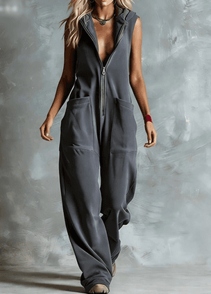 Hooded Sleeveless Zipper Loose Wide-leg Jumpsuit