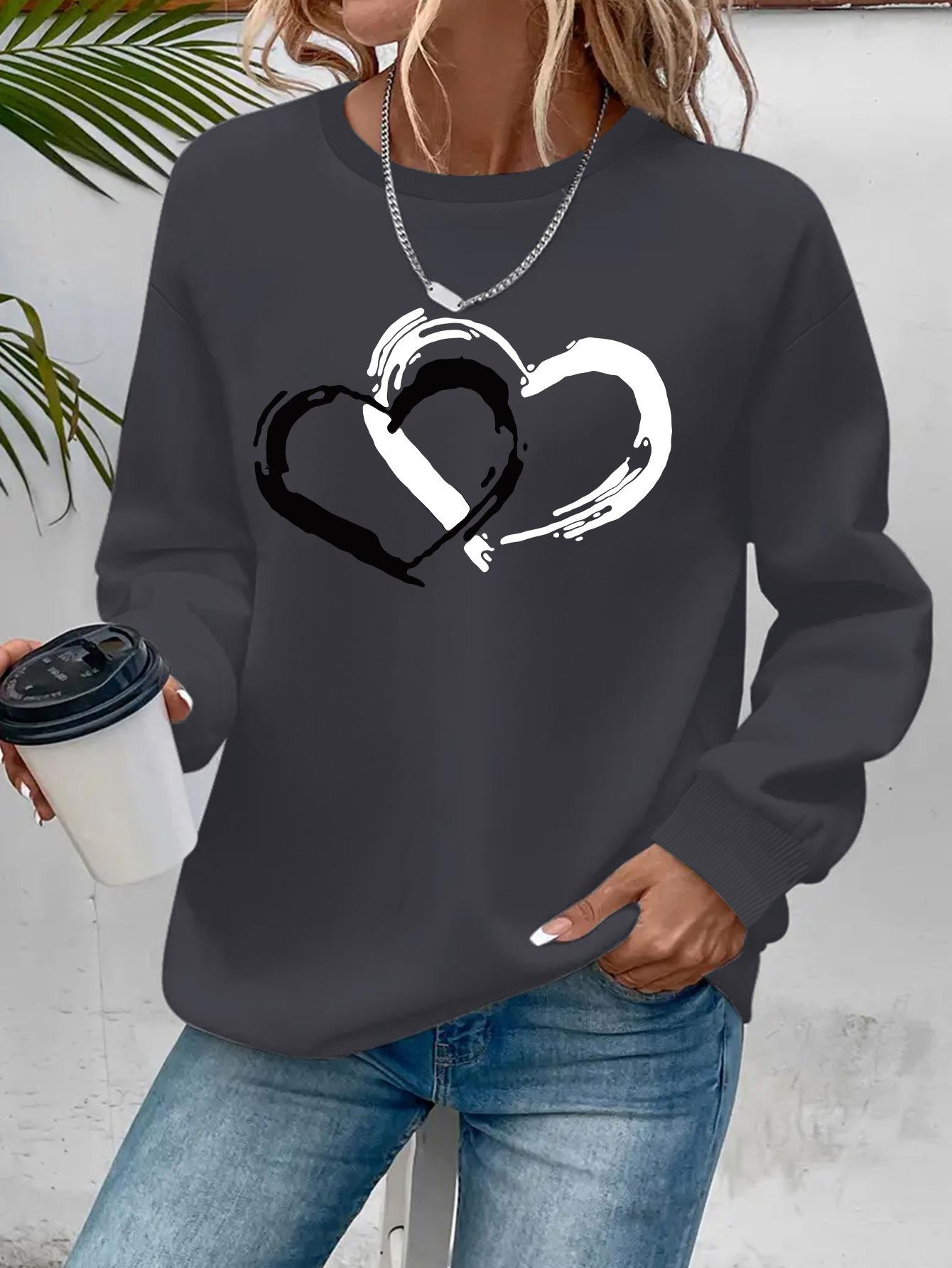 Heart Shape Printed Crew Neck Casual Sweatshirt Women's Clothing