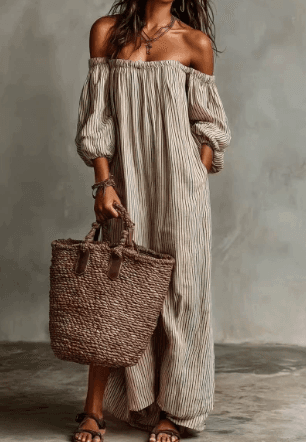 Striped Off-shoulder Long Dress