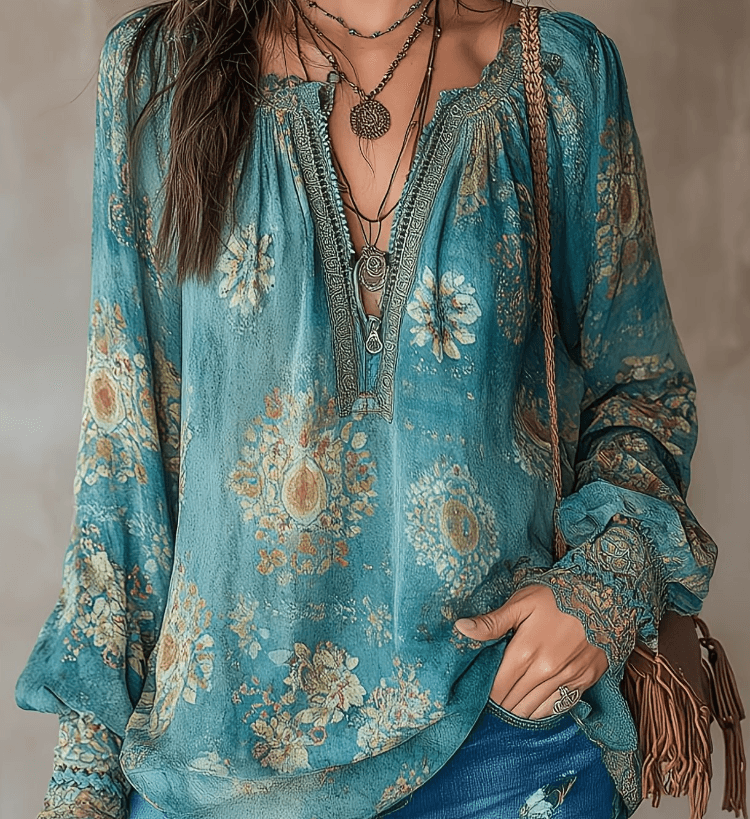 Women's Bohemian Retro Floral Print V-Neck Loose Long-Sleeve Top
