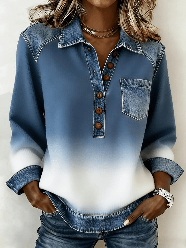 Denim Patchwork Collar Button-down Casual Long-sleeved Top