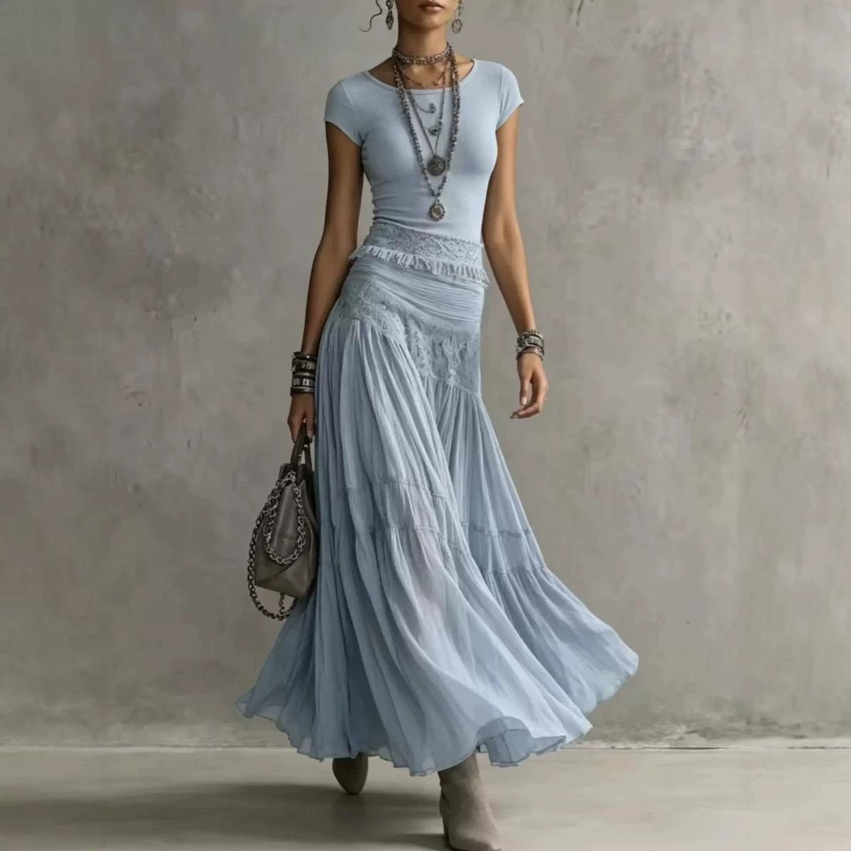 Fashionable And Flowing Knit Top With A Chiffon Long Skirt Set