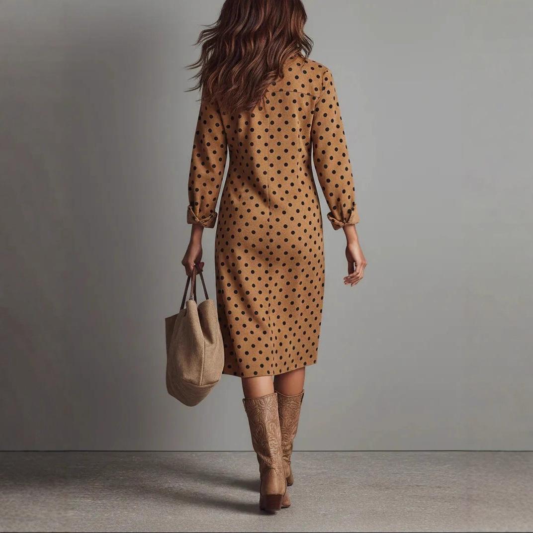 French Elegant Slimming V-neckline Pleat And Waisted Below The Knee Long Sleeve Polka Dot Dress
