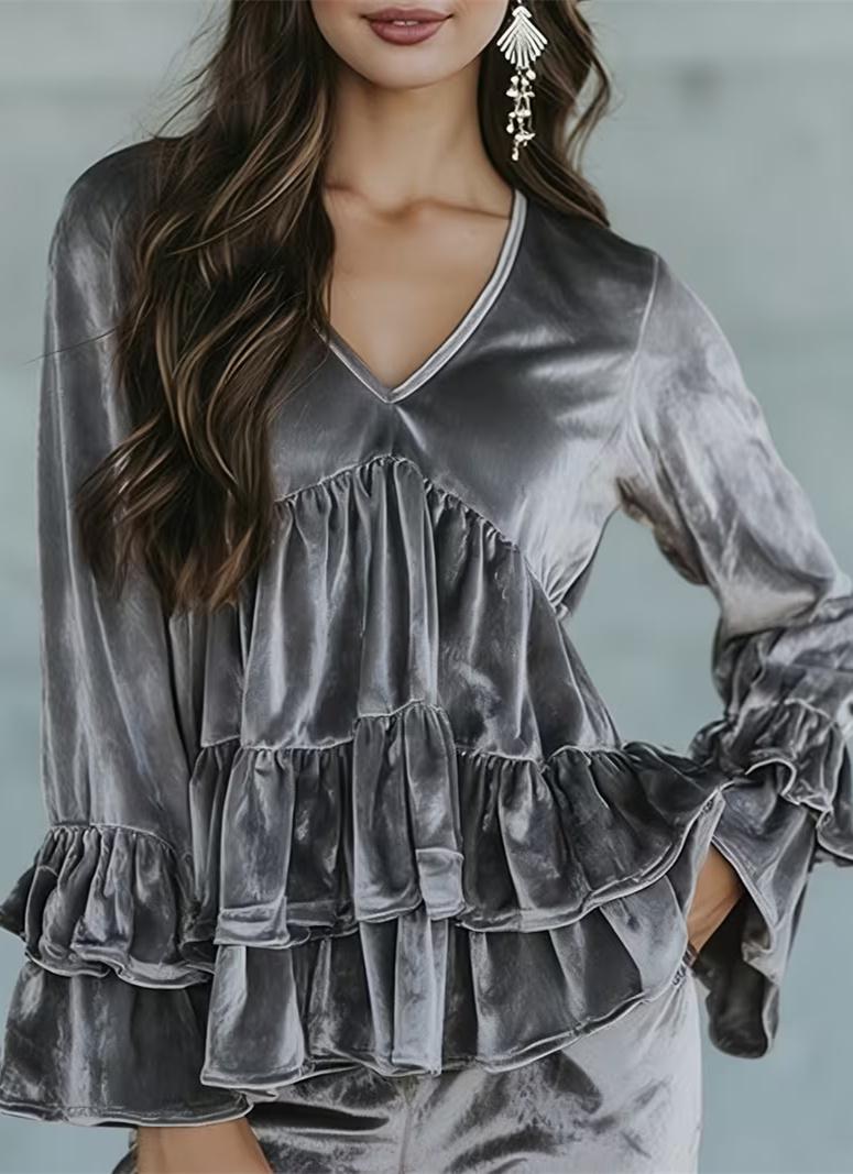 Casual V-neck Ruffled Layered Bell Sleeve Top