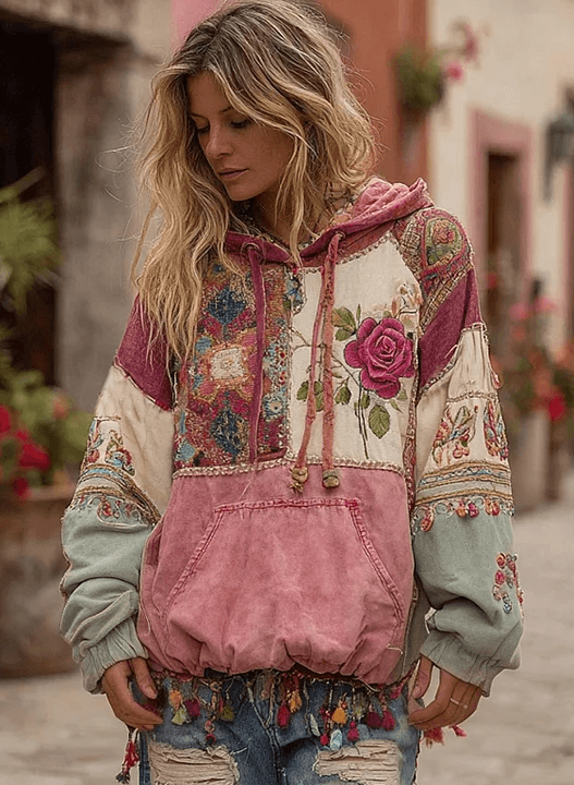 Vintage Hooded Jacket Versatile Lace-up Printed Sweatshirt
