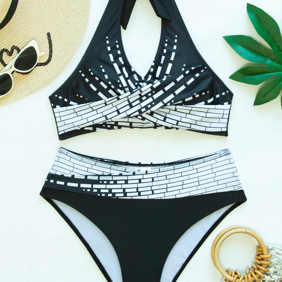 Contrast Color Layered Bikini Halter High Chest Women's Swimsuit Two-piece Suit