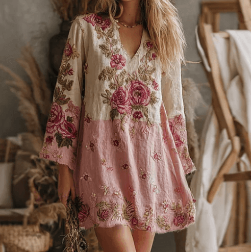 Color-blocked Rose Embroidered Casual V-neck Long-sleeved Short Dress