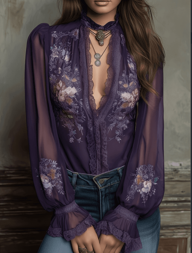 A Stand-up Collar Lace Embroidered Top