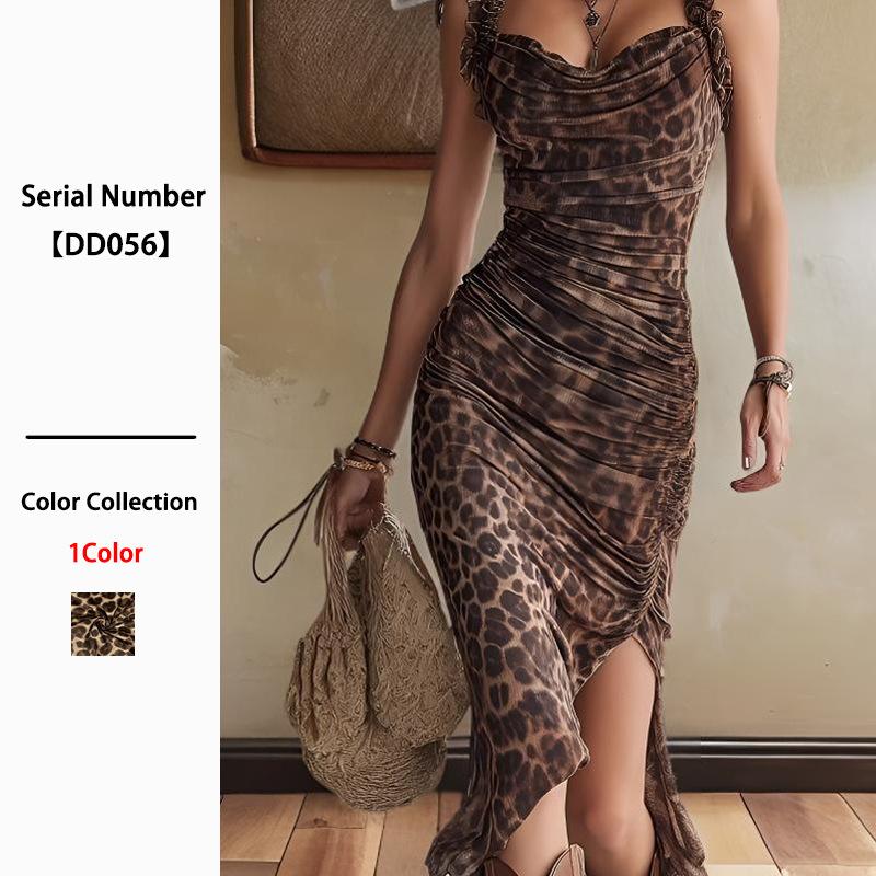 Leopard-print Slip Dress Waist-cinching Pleated Midi Skirt With A Bold Chic Design