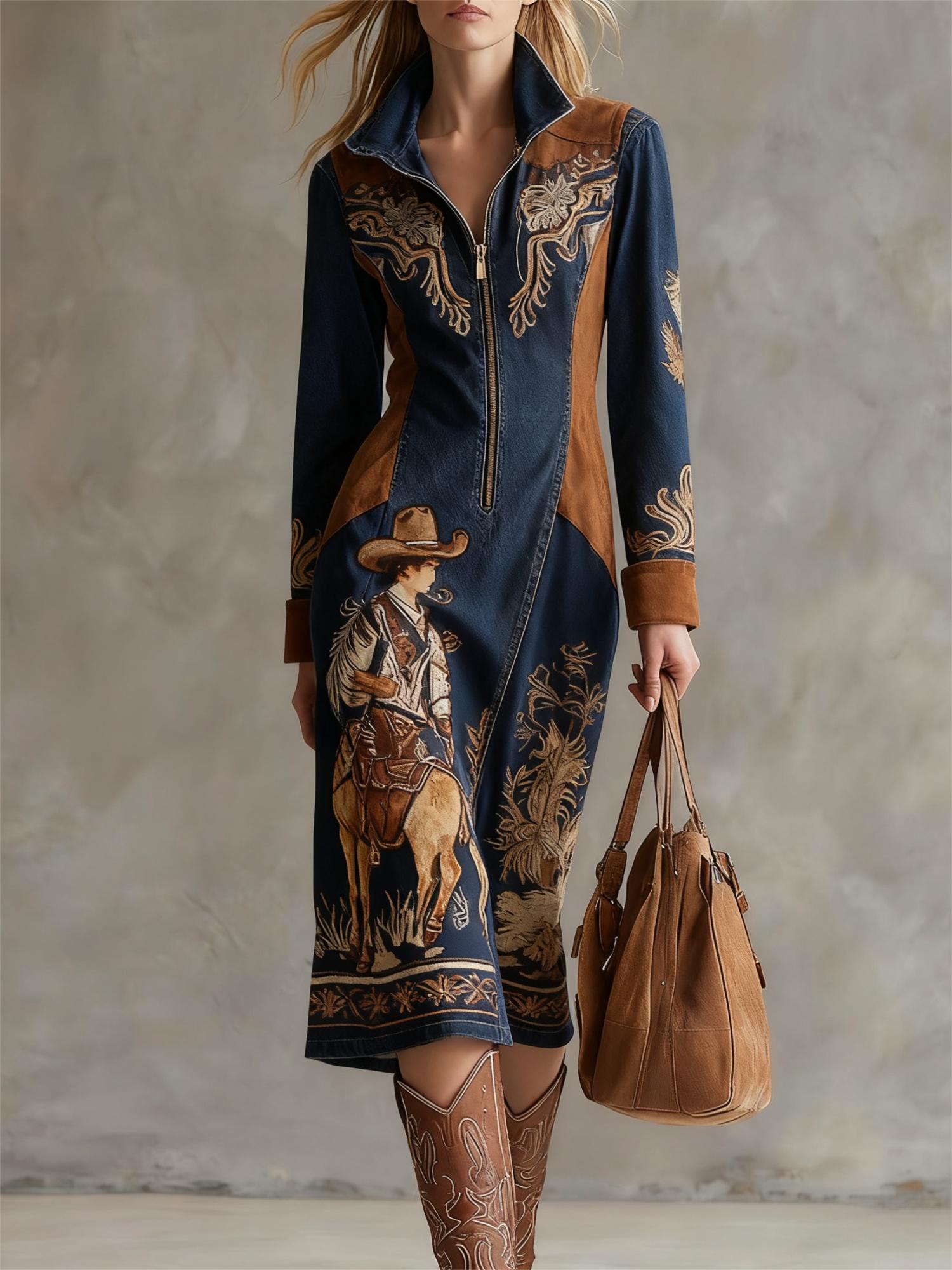 Western Retro Print Lapel Zipper Fitted Midi Long Sleeve Dress