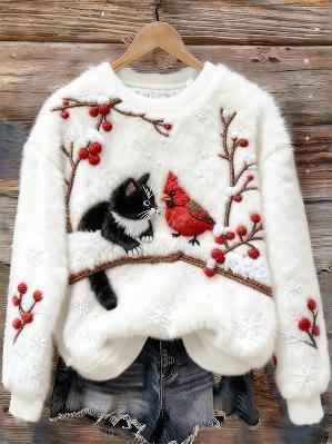 3D Digital Printed Flannel Christmas Women's Crew-Neck Sweater
