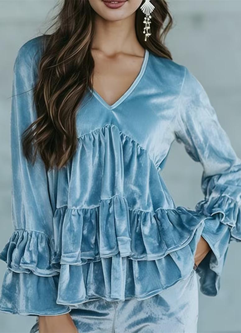 Casual V-neck Ruffled Layered Bell Sleeve Top