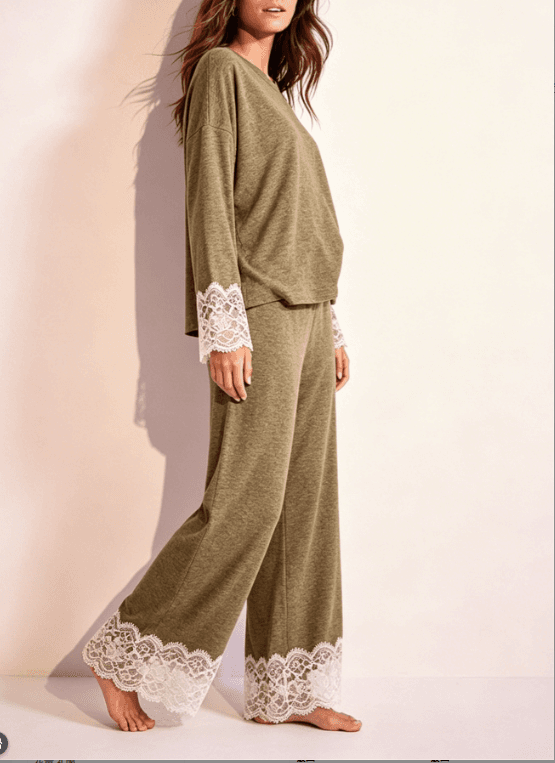 Olive Green Lace Lace Loose Long Sleeved Wide Leg Home Sleepwear Set