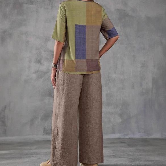 Woven Geometric Printed Top Solid Color Pants Fashion Casual Set
