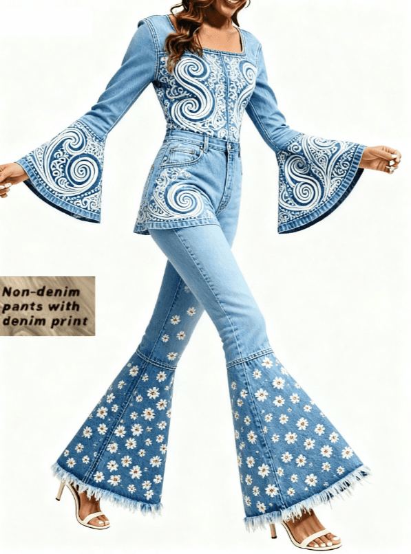 Women's Denim Print Flared Sleeve Slim Waist Casual Suit