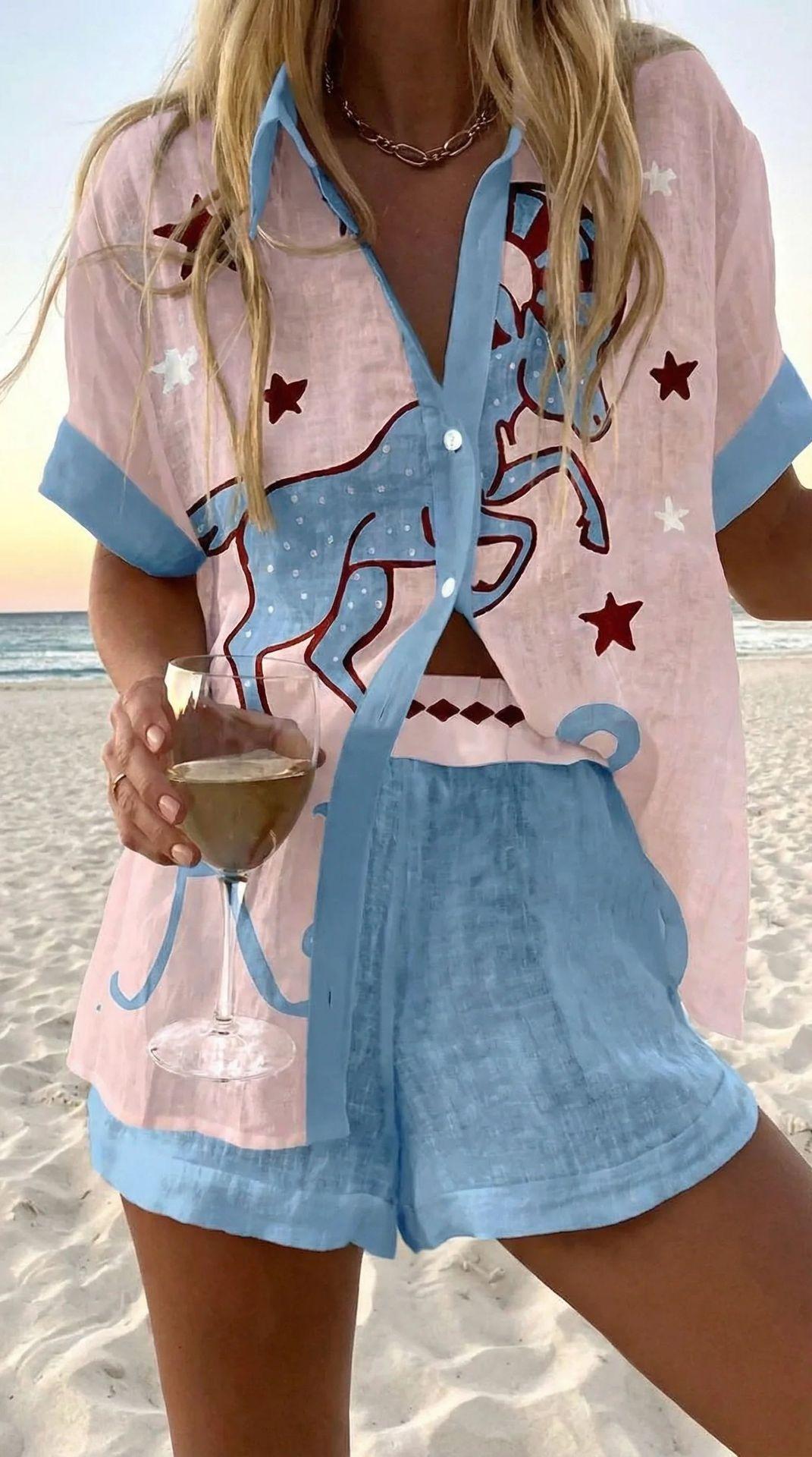 Women's Fashion Printed Casual Vacation Style Cardigan Shorts Suit