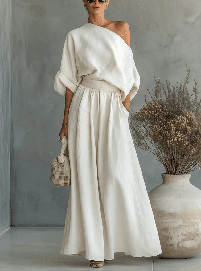 Lazy Style One Shoulder Linen Co-ord Set, Loose Half Sleeve Top High Waist Flowy Wide Leg Pants Vacation Outfit