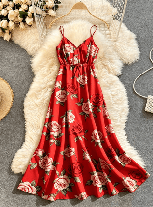 Rose Print V-Neck Spaghetti Strap Waisted Maxi Dress