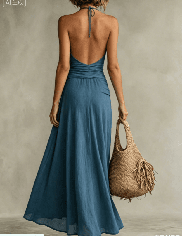 Hanging Neck Deep V-fold Split Vacation Long Dress