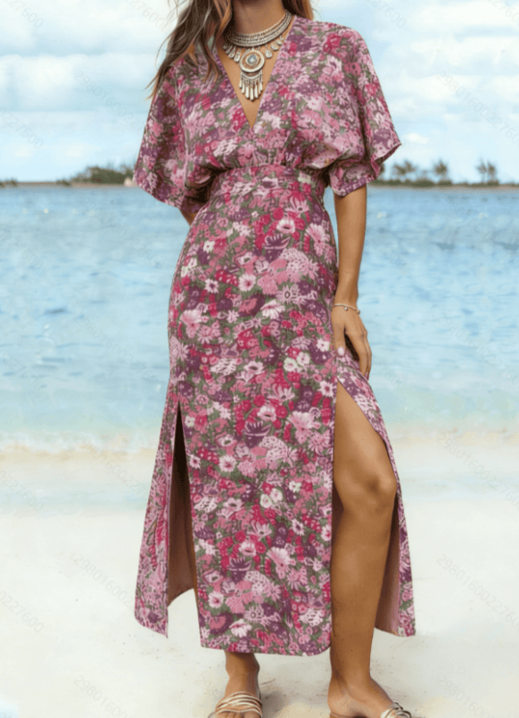 Resort-style Tropical Botanical Print V-neck Fitted Waist Dress For Women