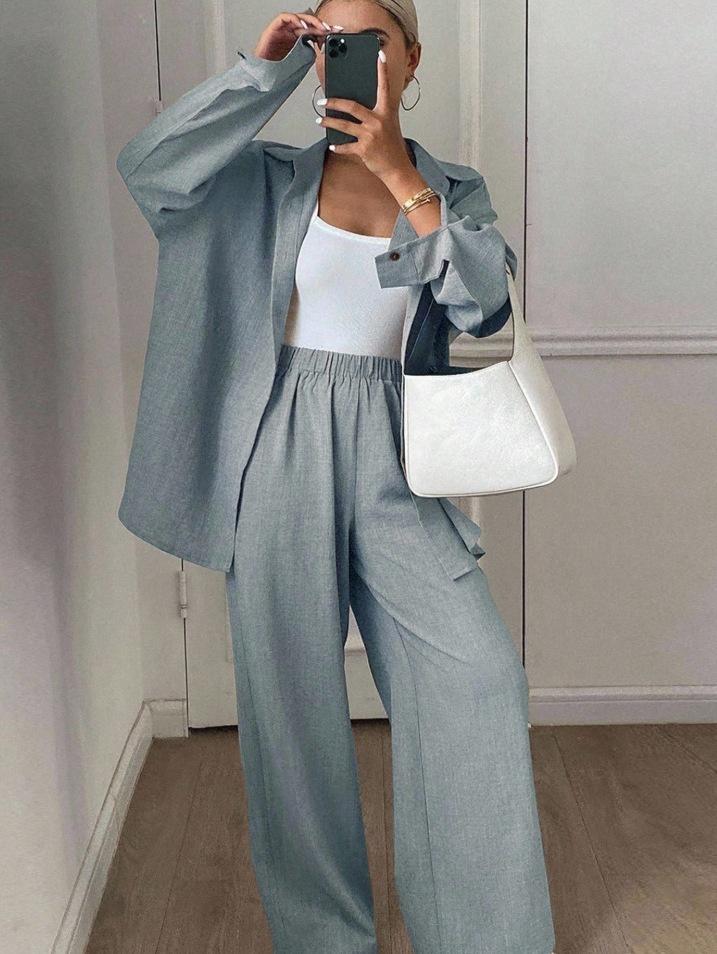 Loose Profile Long Sleeve Shirt High Waist Drooping Wide Leg Pants Two-piece Set