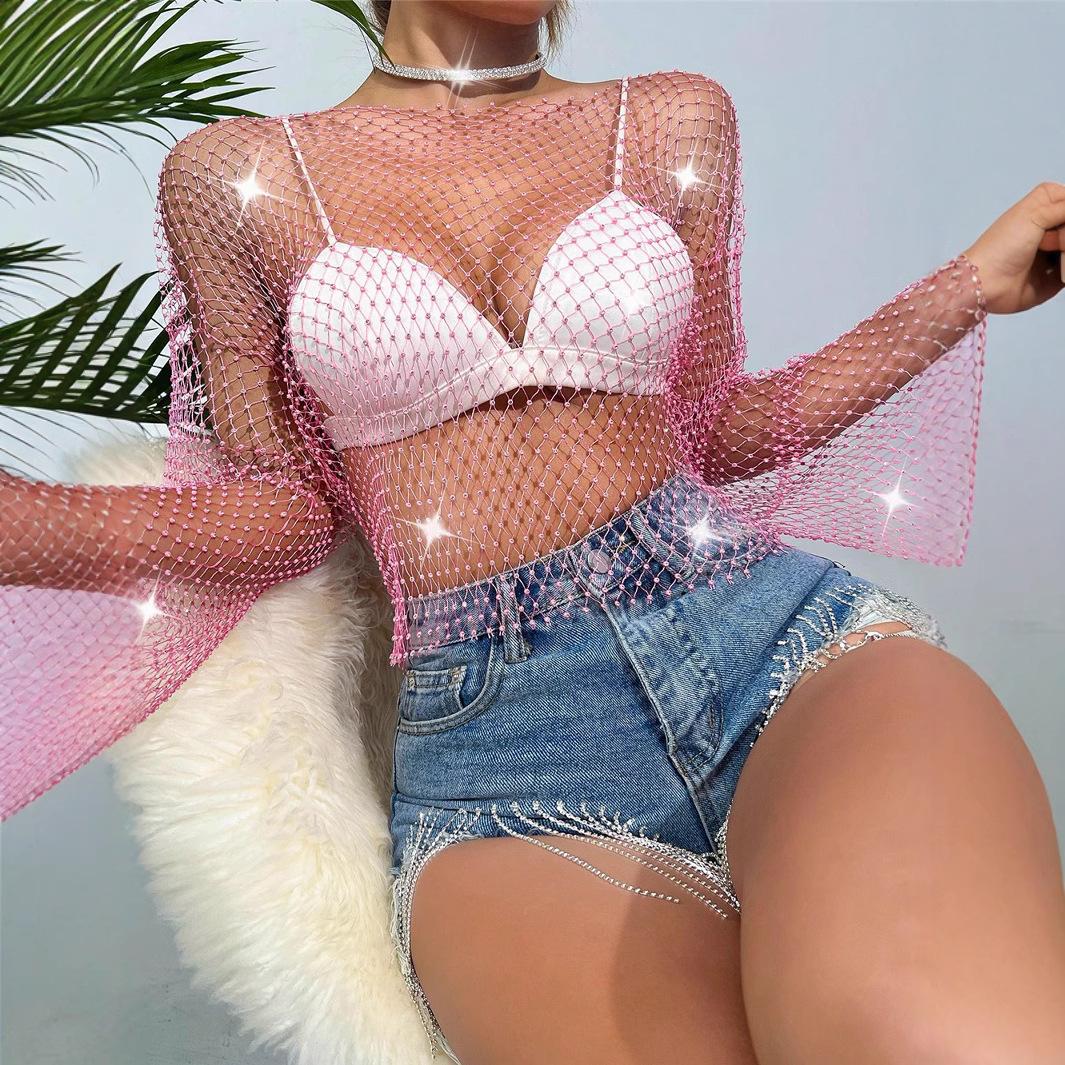 Fishnet Rhinestone Sexy Hollow-Out Summer Beach Womens T-Shirt Top