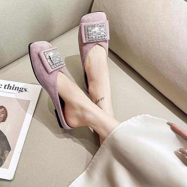 Womens Summer Outdoor Versatile Non-slip Rhinestone Square-toe Flat Shoes