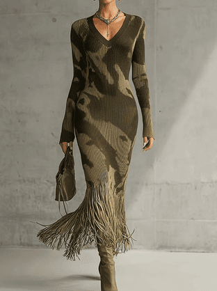 Knitted V-neck Tassel Slim-fit Casual Long-sleeved Dress